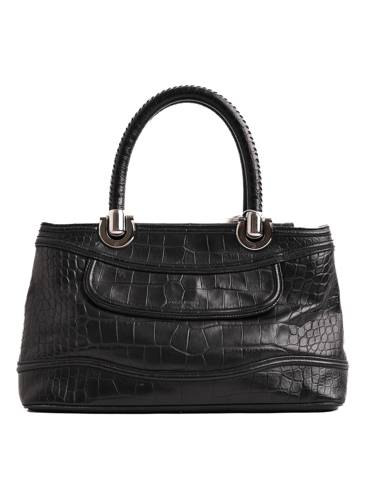 Excellent Giorgio Armani Black Leather Handbag with Crocodile Pattern