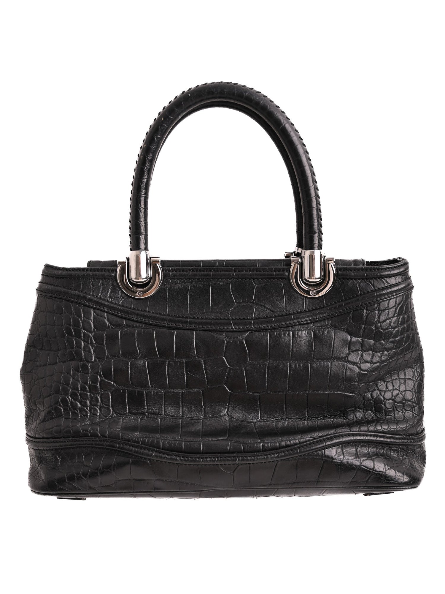 Excellent Giorgio Armani Black Leather Handbag with Crocodile Pattern