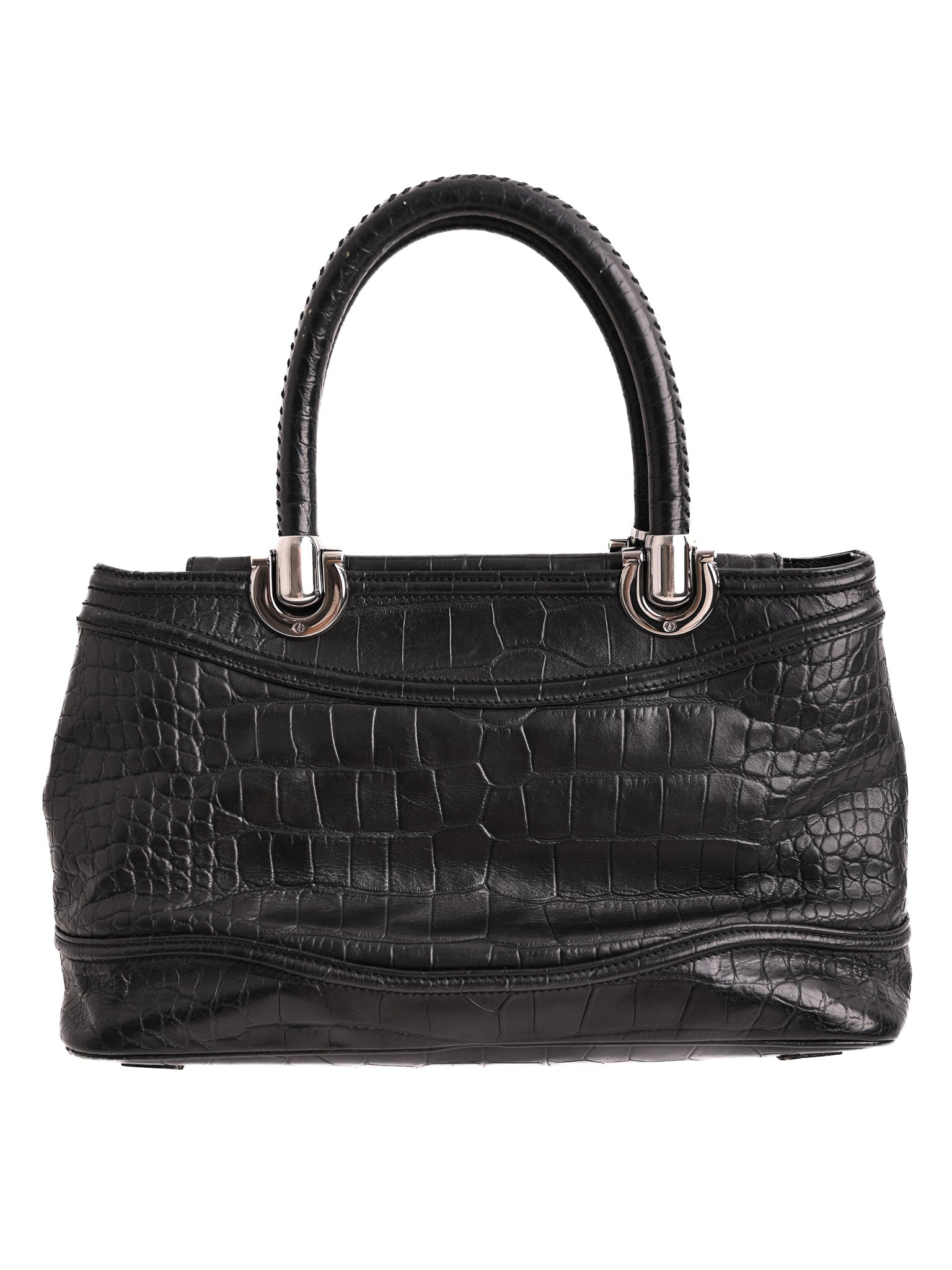 Excellent Giorgio Armani Black Leather Handbag with Crocodile Pattern