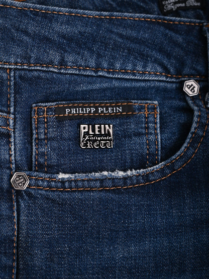 Excellent Phillipp Plein Blue Denim Jeans Size M with Distressing