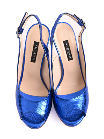 Excellent Albano Blue Leather Slingback Peep-Toe Pumps Size 38