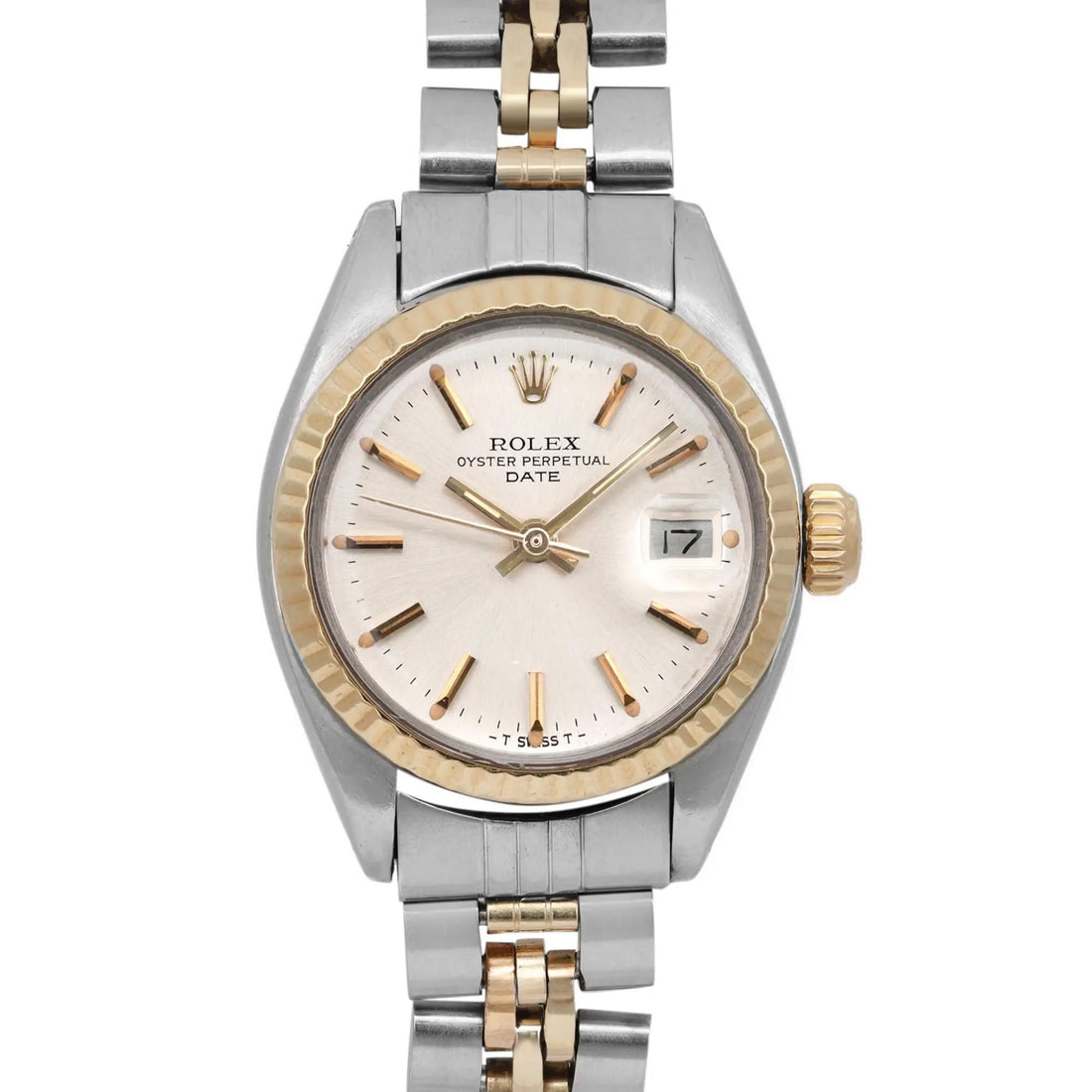 Rolex Date 14K Yellow Gold Steel Silver Dial Automatic Ladies Watch 6917