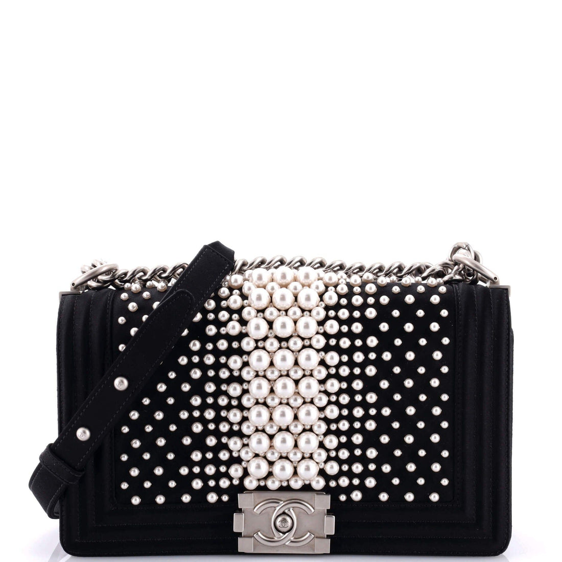Boy Flap Bag Pearl Embellished Satin Old Medium