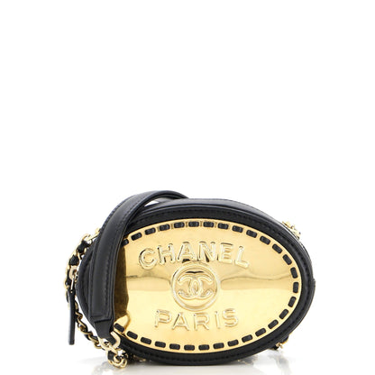 Chanel Logo Plate Oval Clutch With Chain Metal And Lambskin
