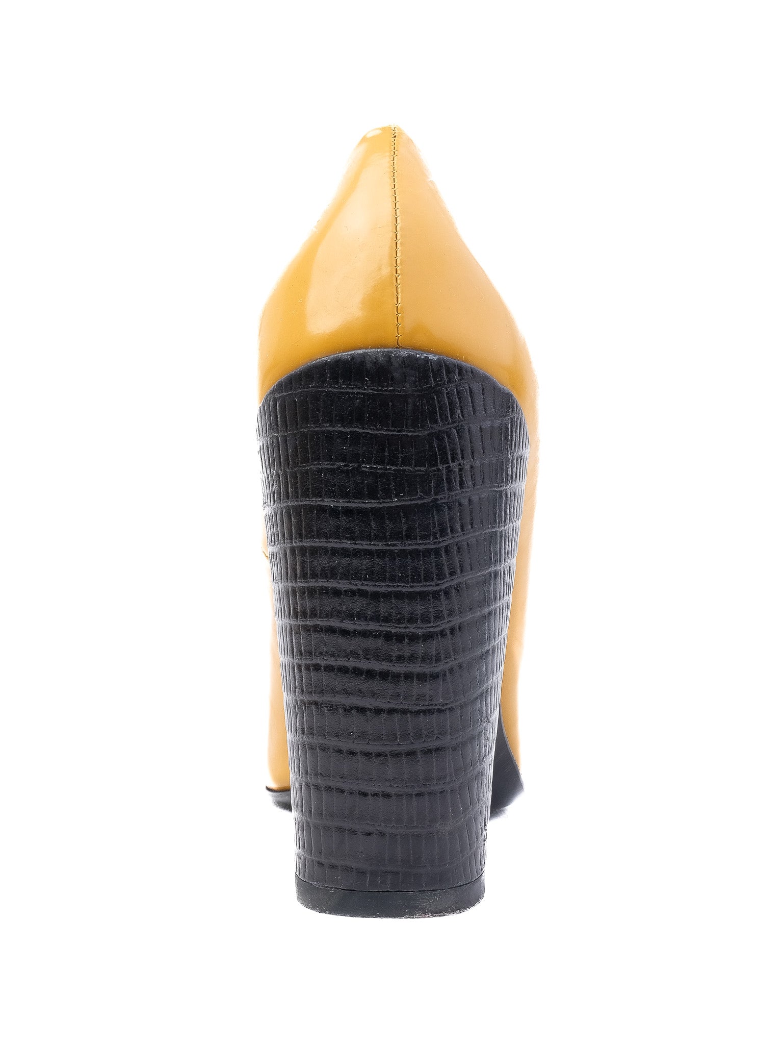 Excellent MaxCo Yellow Leather High-Heeled Shoes with Chunky Black Heel