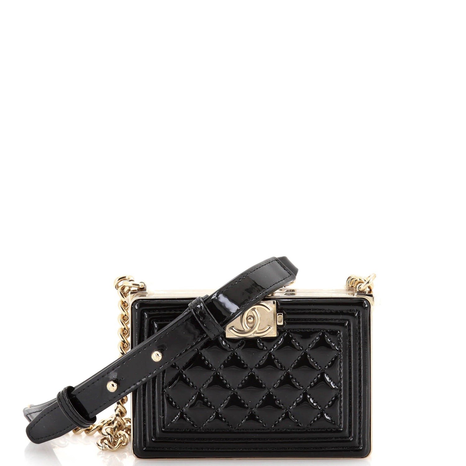 Chanel Boy Chain Box Minaudiere Quilted Patent