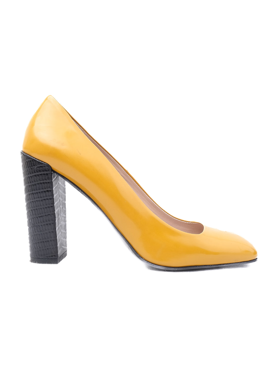 Excellent MaxCo Yellow Leather High-Heeled Shoes with Chunky Black Heel