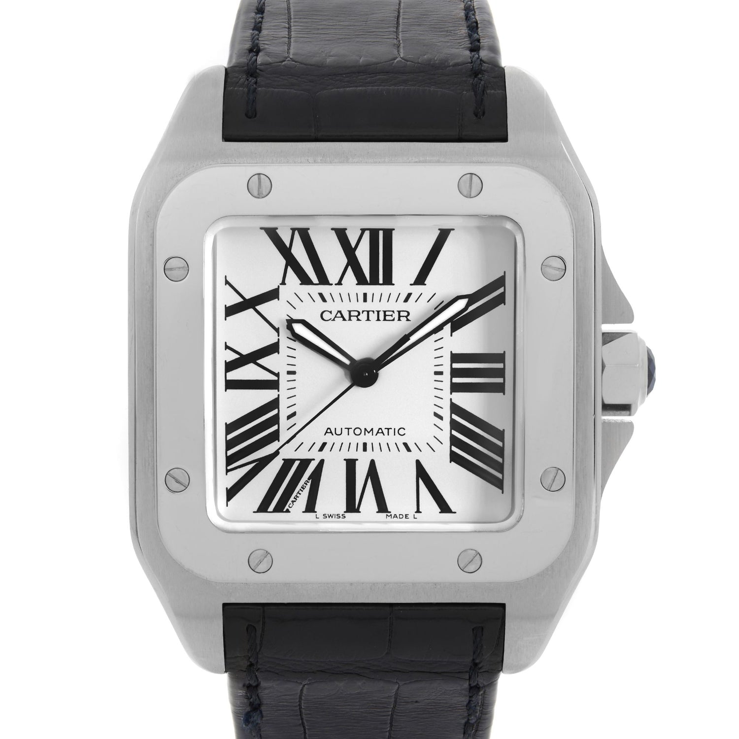 Cartier Santos 100 XL Steel White Roman Dial Automatic Mens Watch W20073X8