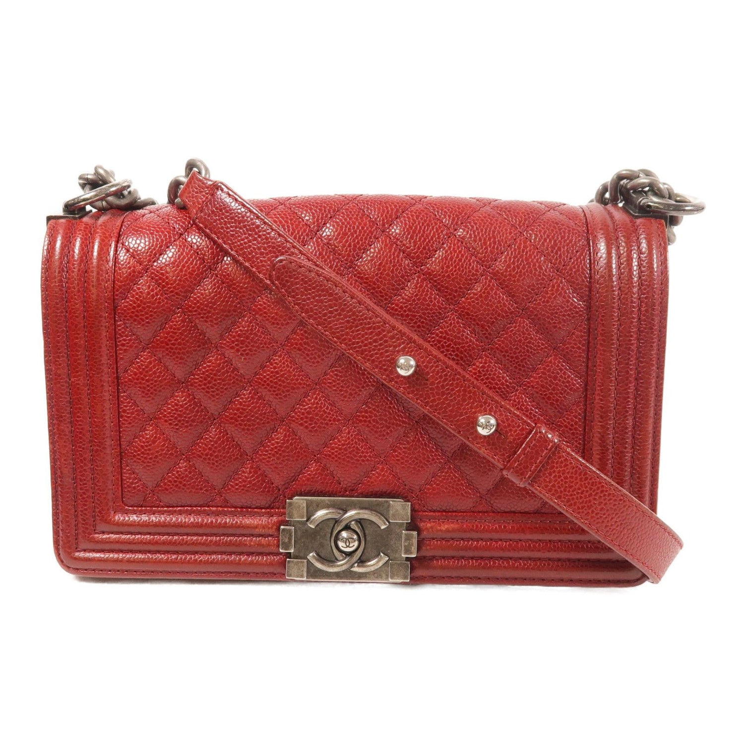 Chanel Red Cowhide Leather Boy 25 Silver Cross Shoulder Back Bag Calfskin (cowhide)