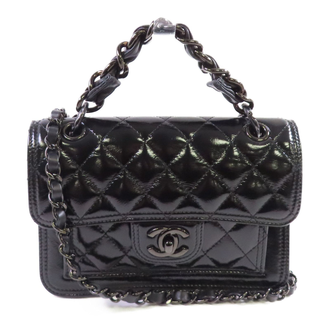 Chanel Black Cowhide Leather Mini Flat Chain Shoulder Bag Hand-handed Shoulder Bag 2way Shoulder Bag Calfskin (cow