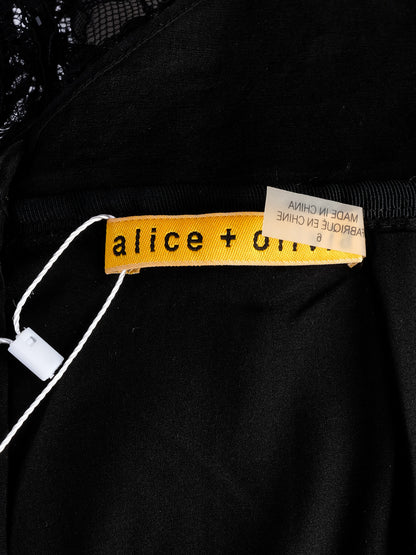 Excellent Alice+Olivia Black Silk Dress with Lace and Feathers