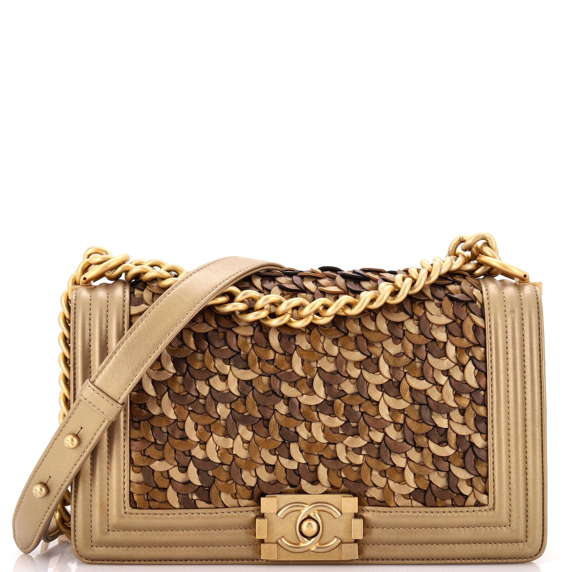 Chanel Boy Flap Bag Braided Metallic Lambskin Old Medium