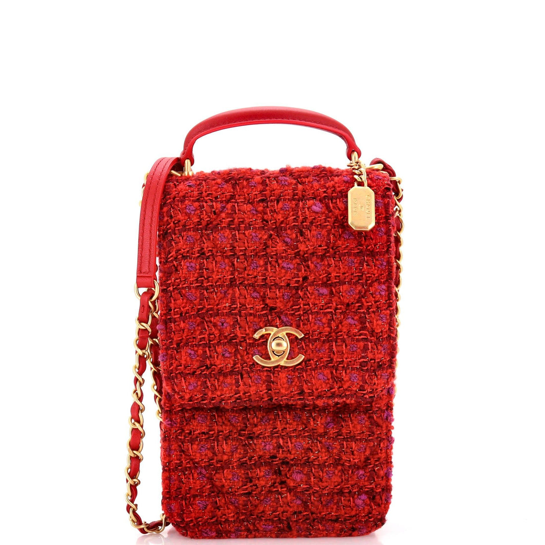 Chanel CC Top Handle Chain Full Flap Bag Quilted Tweed And Lambskin Mini