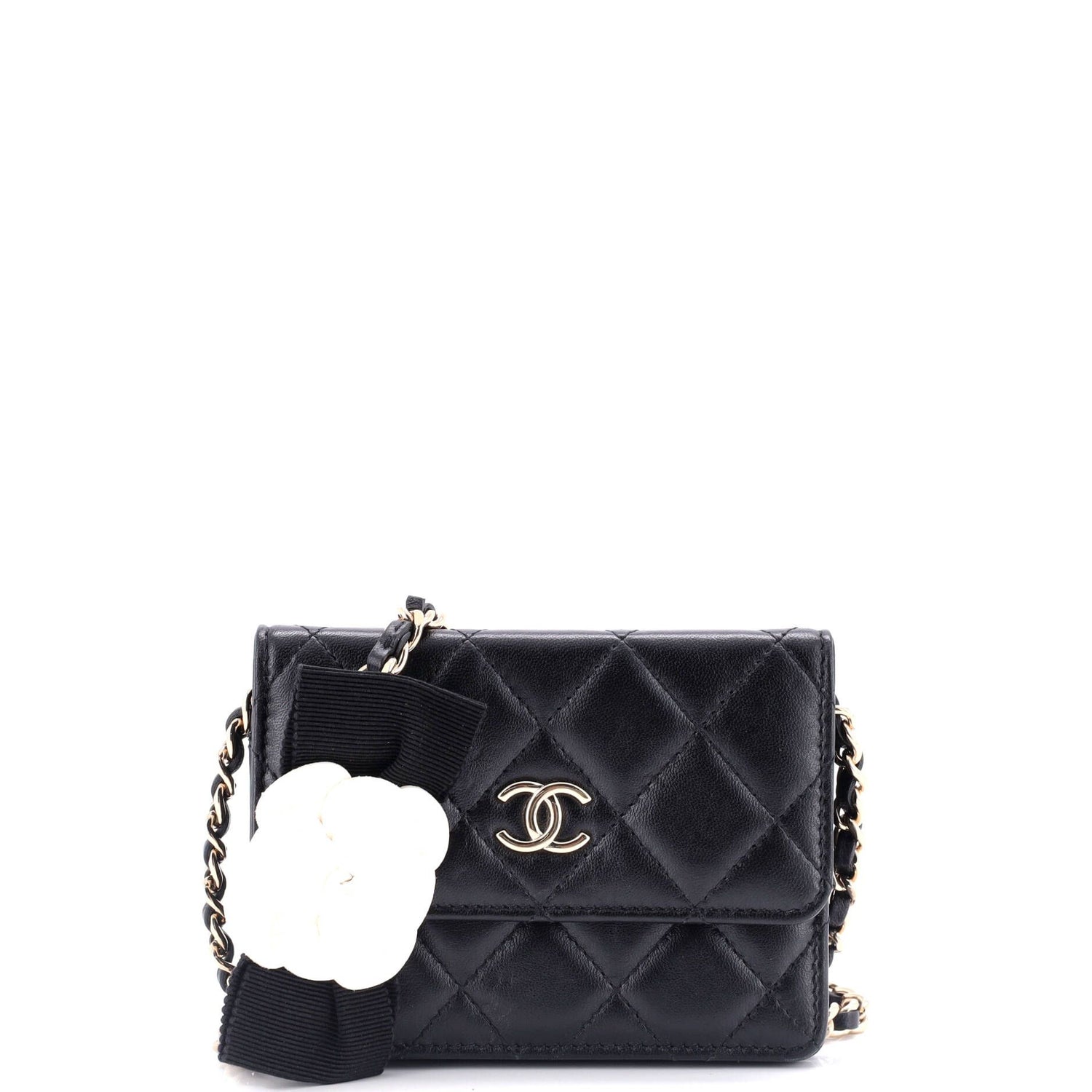 Chanel Camellia Bow Flap Card Holder With Chain Quilted Lambskin