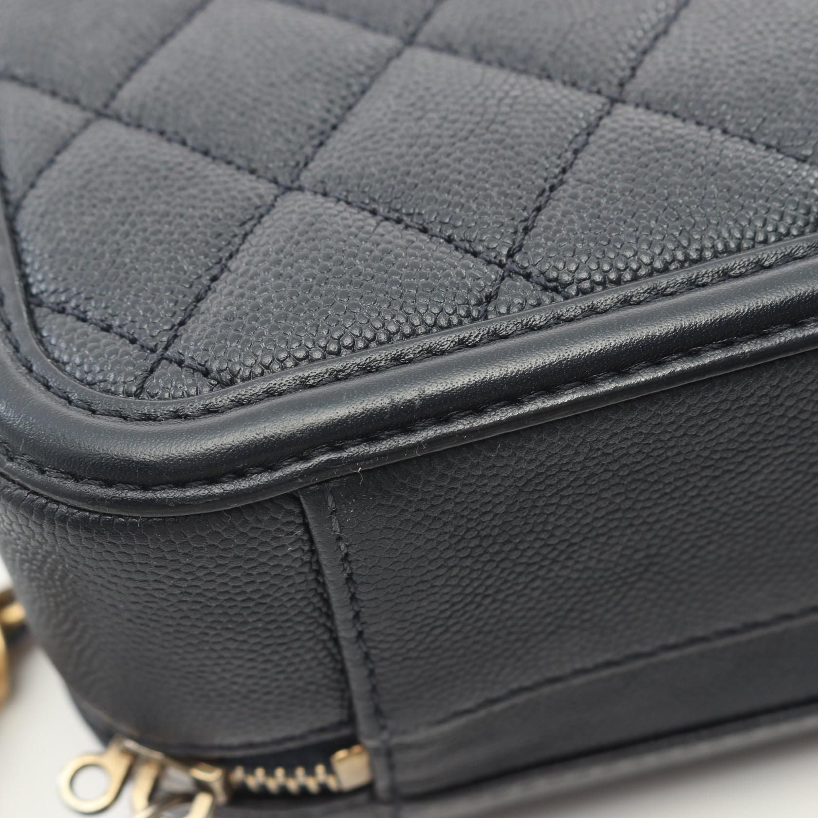 Chanel Navy Cc Filigree Matelasse Shoulder Bag Leather Grained Calfskin