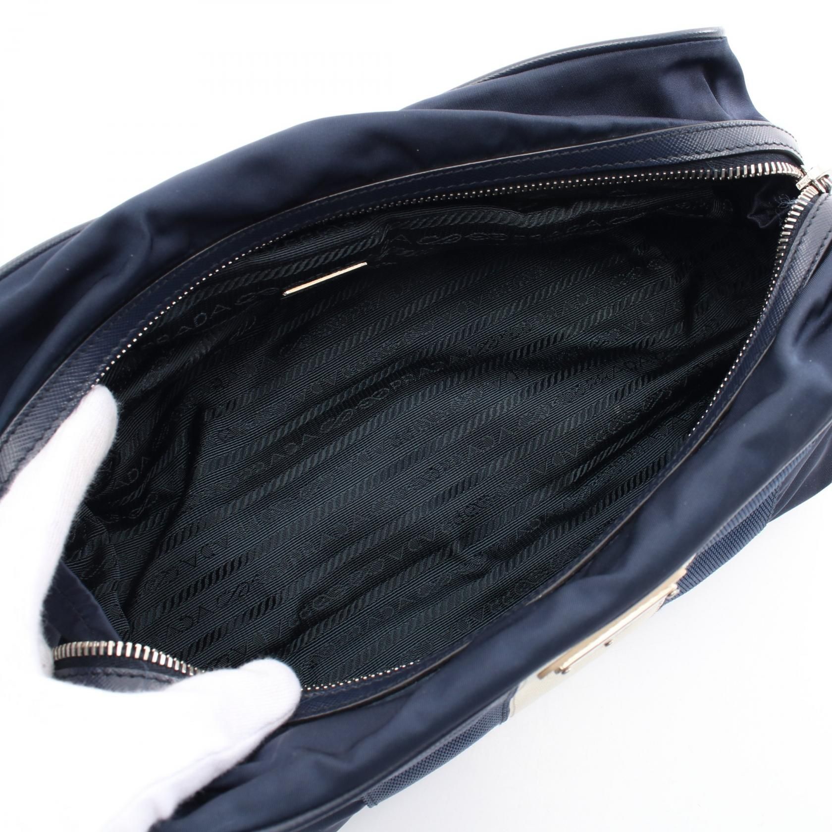 Prada Clutch Nylon Saffiano Leather Navy Beige