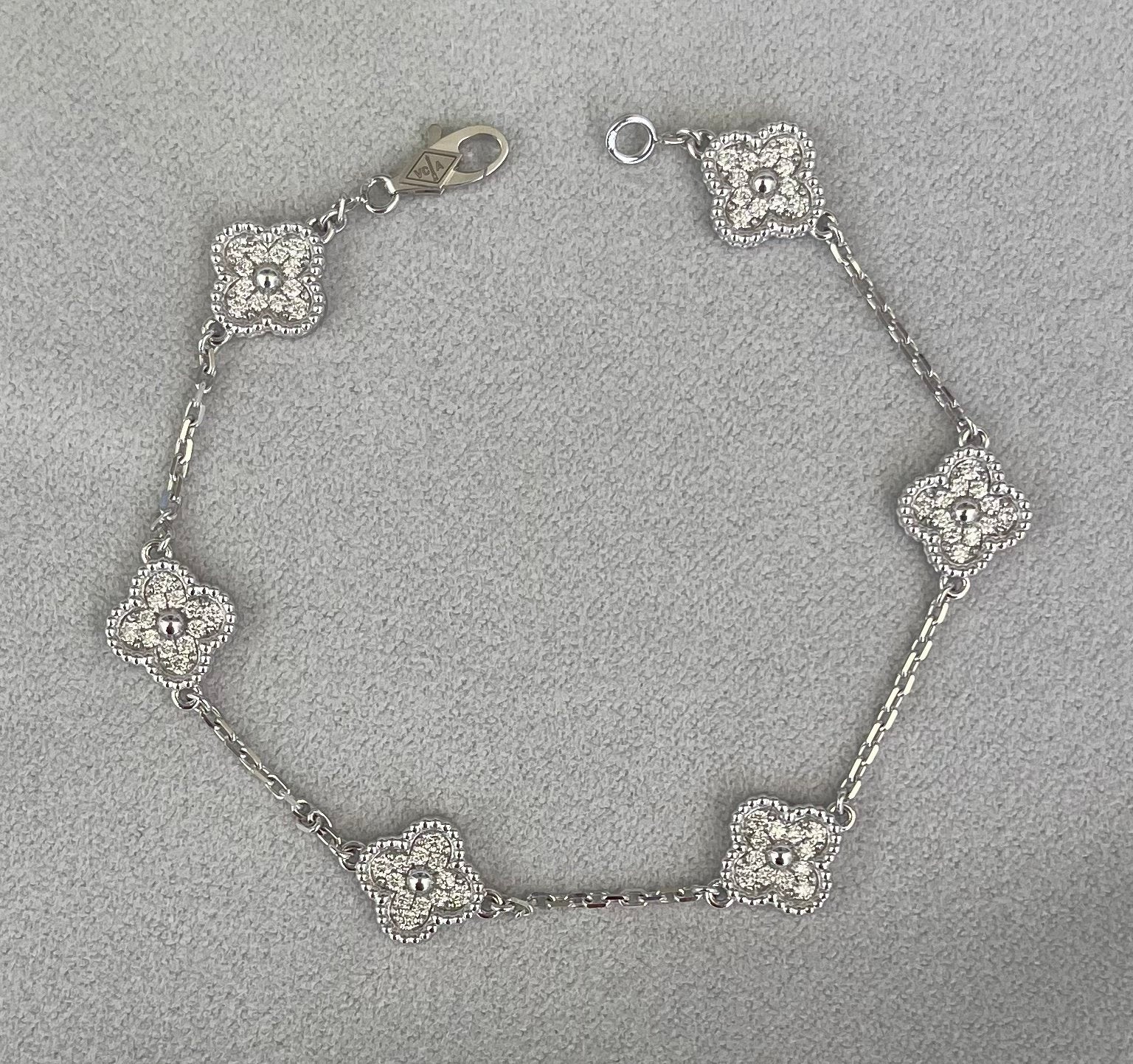 Van Cleef &amp; Arpels Sweet Alhambra Diamond Pave 6 Motifs White Gold Bracelet