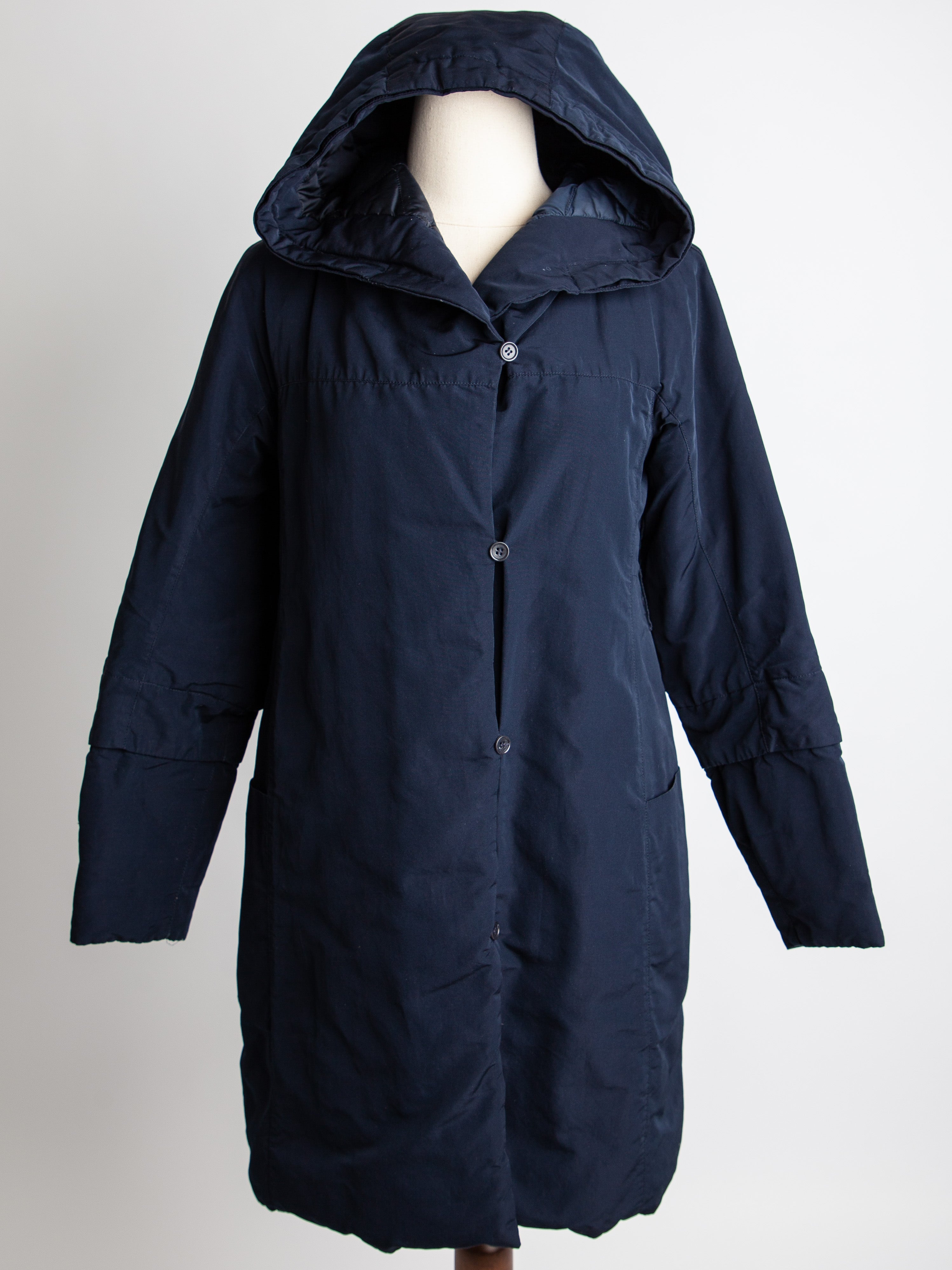 Good Max Mara Navy Blue Hooded Coat Size M Polyester Warm Padded