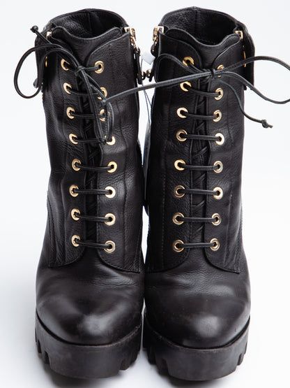 Good R&amp;Renzi Black Leather High-Heeled Boots with Lace-Up Fronts