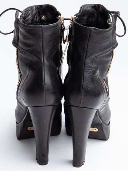 Good R&amp;Renzi Black Leather High-Heeled Boots with Lace-Up Fronts