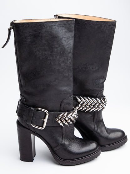 NEW Gianmarco Lorenzi Black Leather Chunky Heeled Boots Size 37