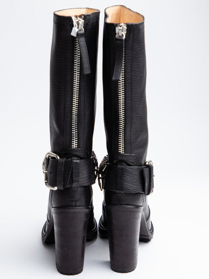 NEW Gianmarco Lorenzi Black Leather Chunky Heeled Boots Size 37