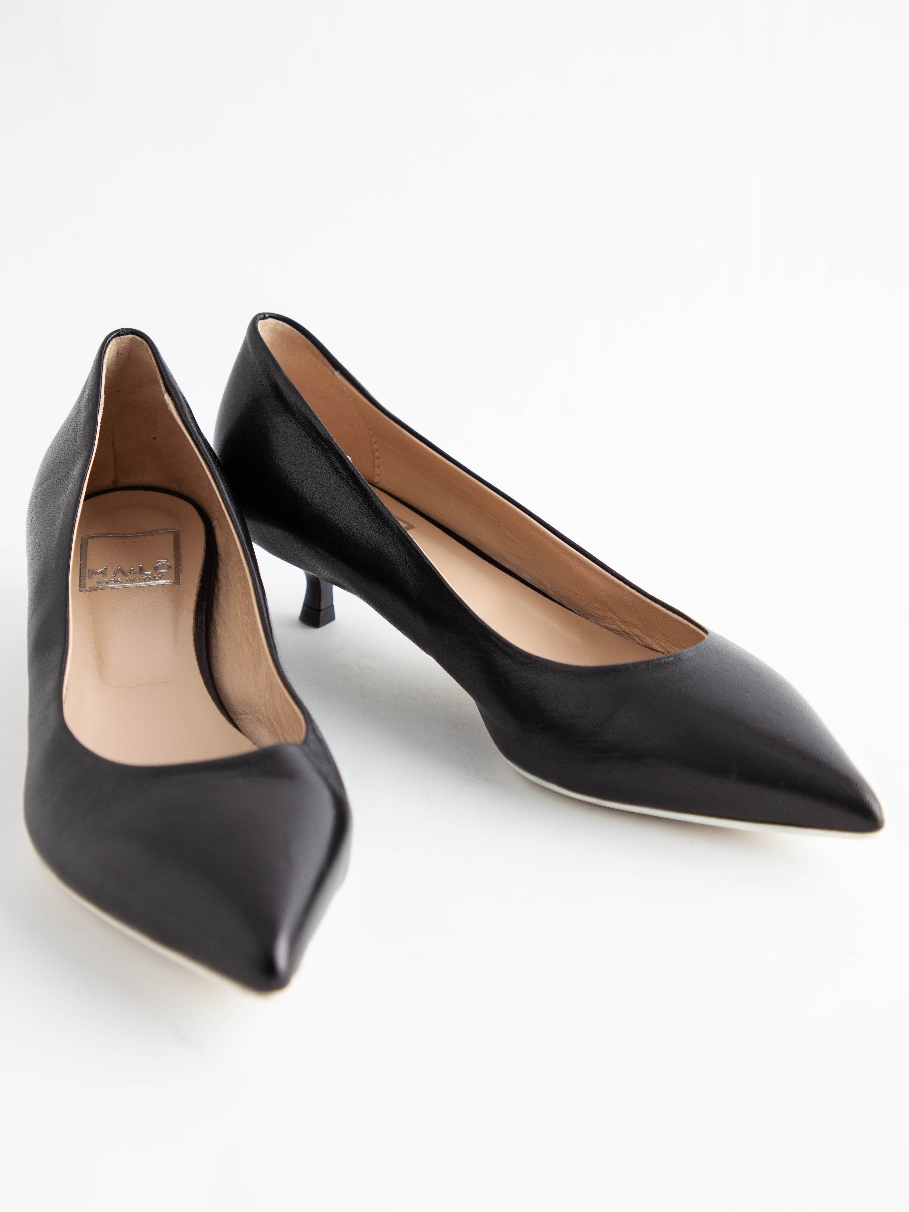 Good MA&amp;LO Black Leather High Heels Size 36 - Kitten Heels