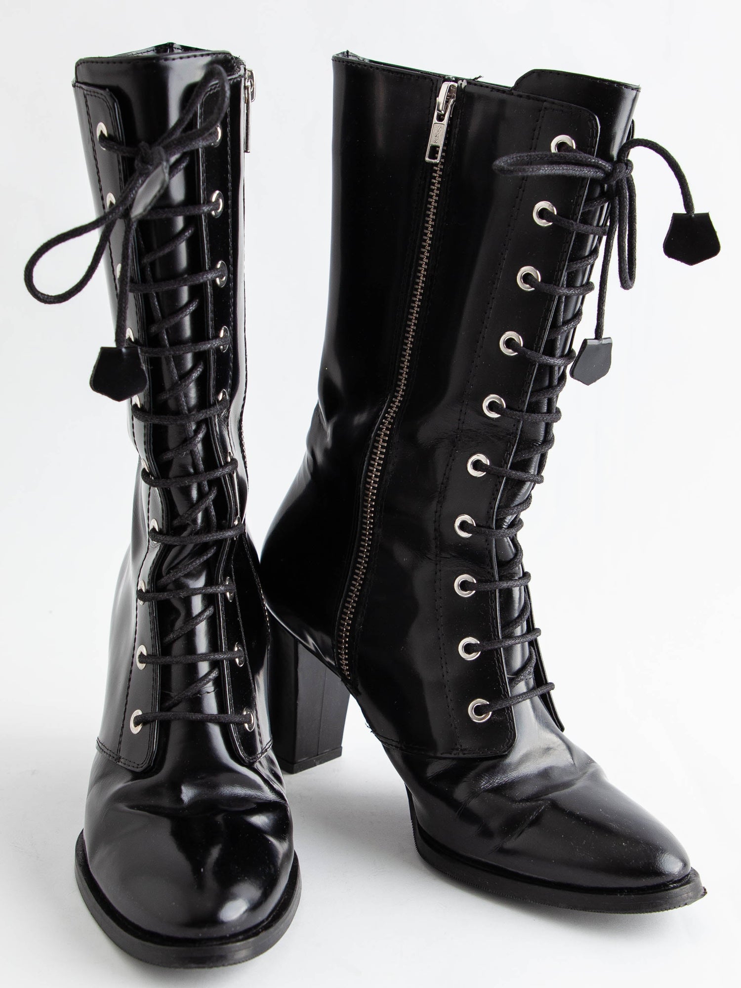Excellent Beymen Club Black Lacquer High-Heeled Lace-Up Boots Size 36