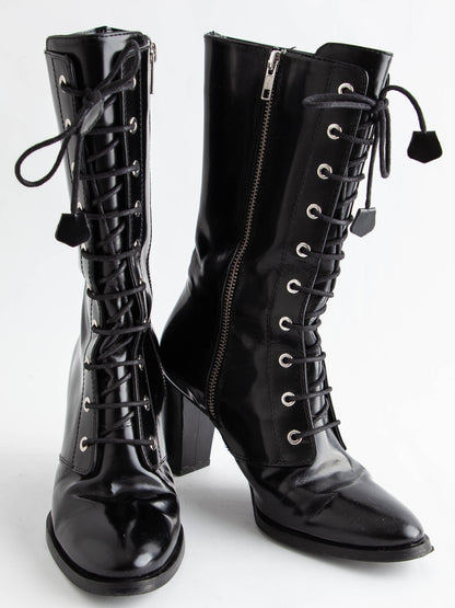 Excellent Beymen Club Black Lacquer High-Heeled Lace-Up Boots Size 36