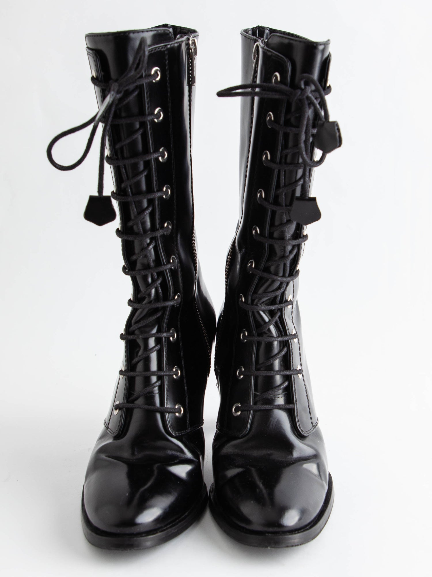 Excellent Beymen Club Black Lacquer High-Heeled Lace-Up Boots Size 36