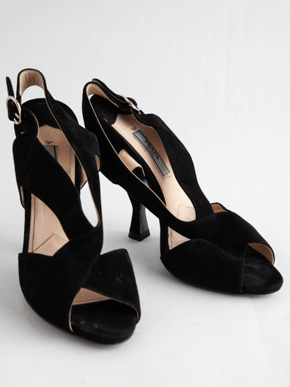 Excellent Prada Black Genuine Suede Slingback High Heels Size 36