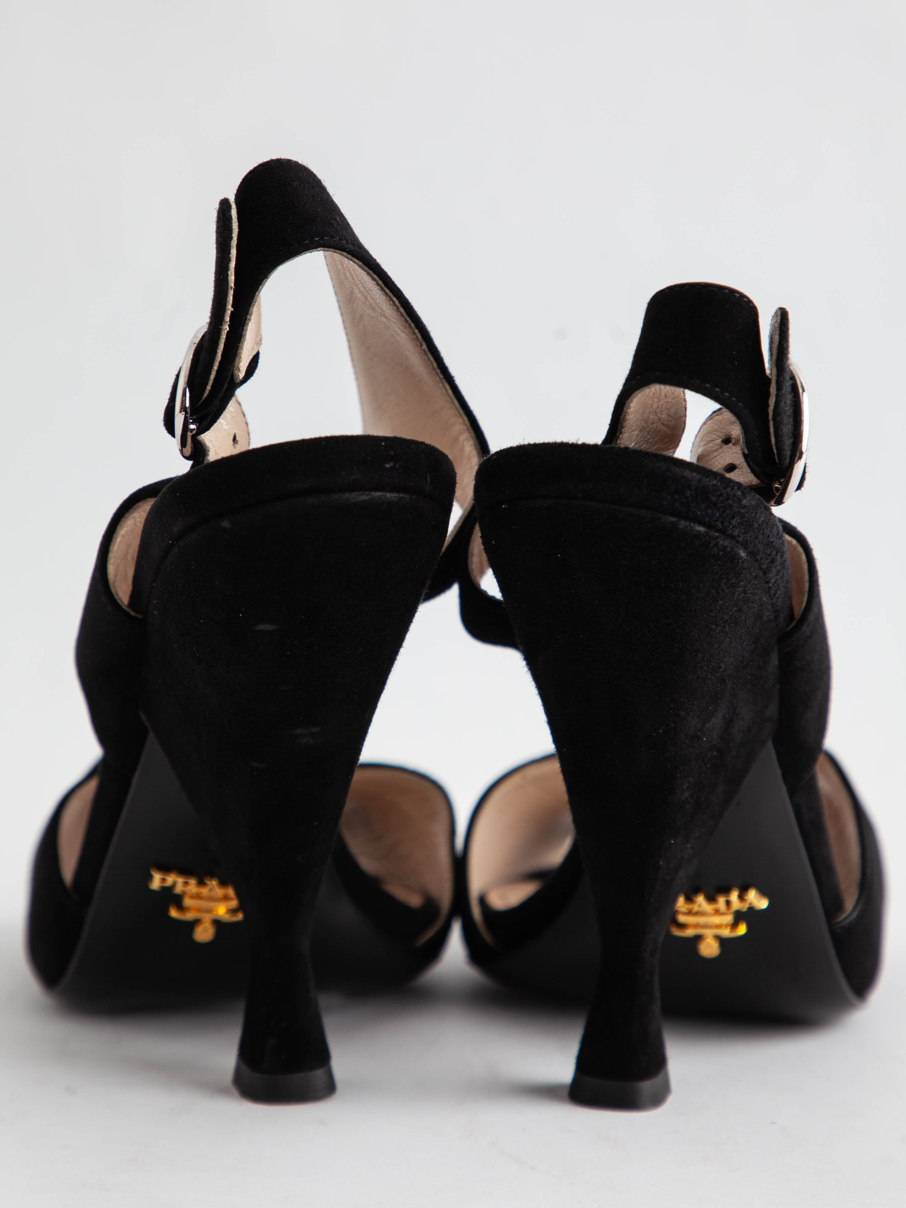 Excellent Prada Black Genuine Suede Slingback High Heels Size 36