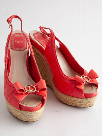 Good Dior Pink Fabric Wedge Sandals Size 36 with Bow Detail