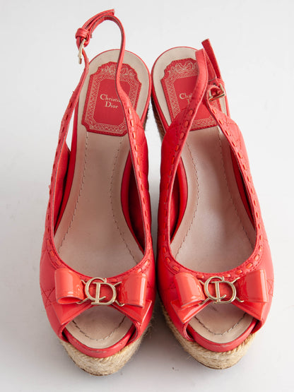 Good Dior Pink Fabric Wedge Sandals Size 36 with Bow Detail