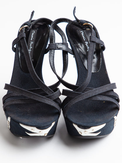 NEW Mario Bologna Black Wedge Heels Size 36 with Embellishments