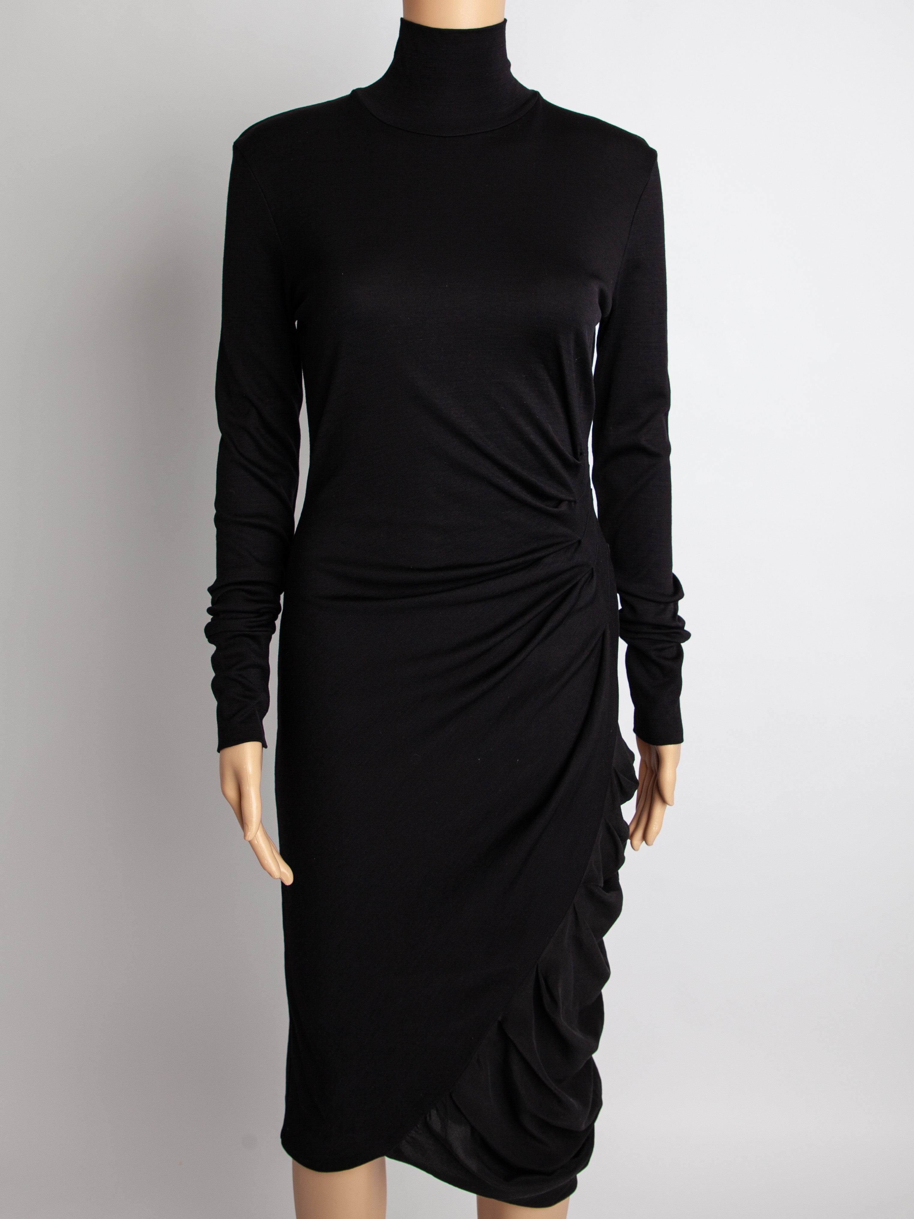 Sportmax Black Silk Long Sleeve Dress with Draped Skirt - Excellent
