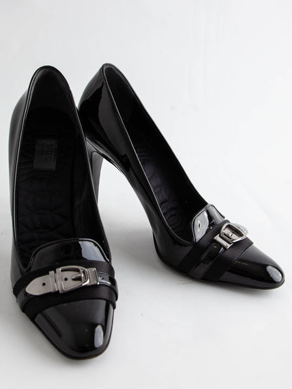 Good Gucci Black Leather High-Heeled Shoes Size 38 with Buckle