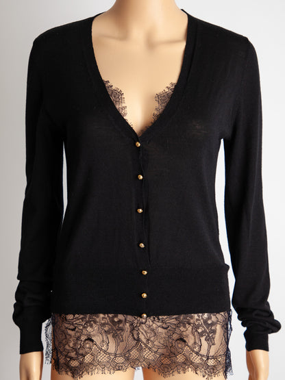 Good Emilio Pucci Black Cardigan XS V-Neck Lace Detailing