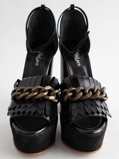Good UnLace Black High-Heeled Platform Shoes Leather Women