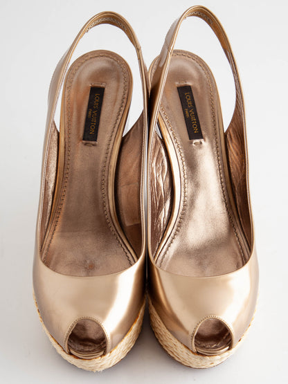 Good Louis Vuitton Yellow Wedge Sandals Size 37.5 Metallic Lacquer