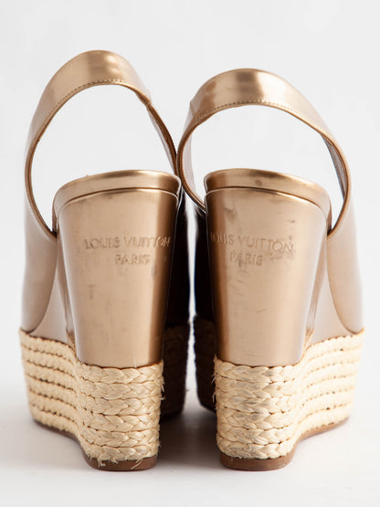 Good Louis Vuitton Yellow Wedge Sandals Size 37.5 Metallic Lacquer