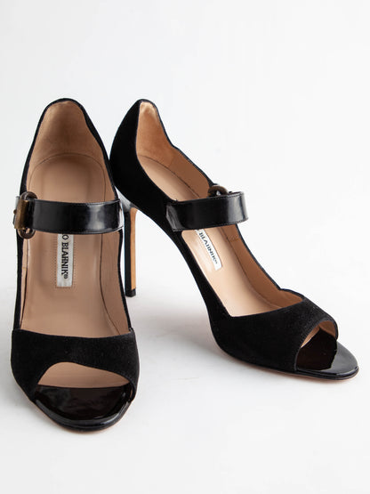 Good Manolo Blahnik Black Suede High-Heeled Open-Toe Shoes Size 39