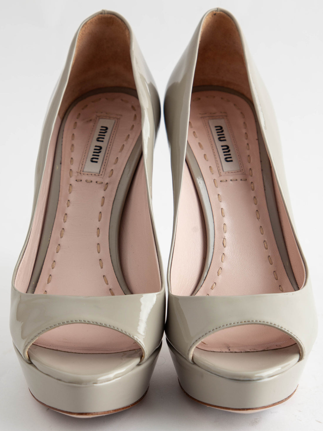 Excellent Miu Miu Gray Lacquer Platform Peep-Toe Heels Size 37