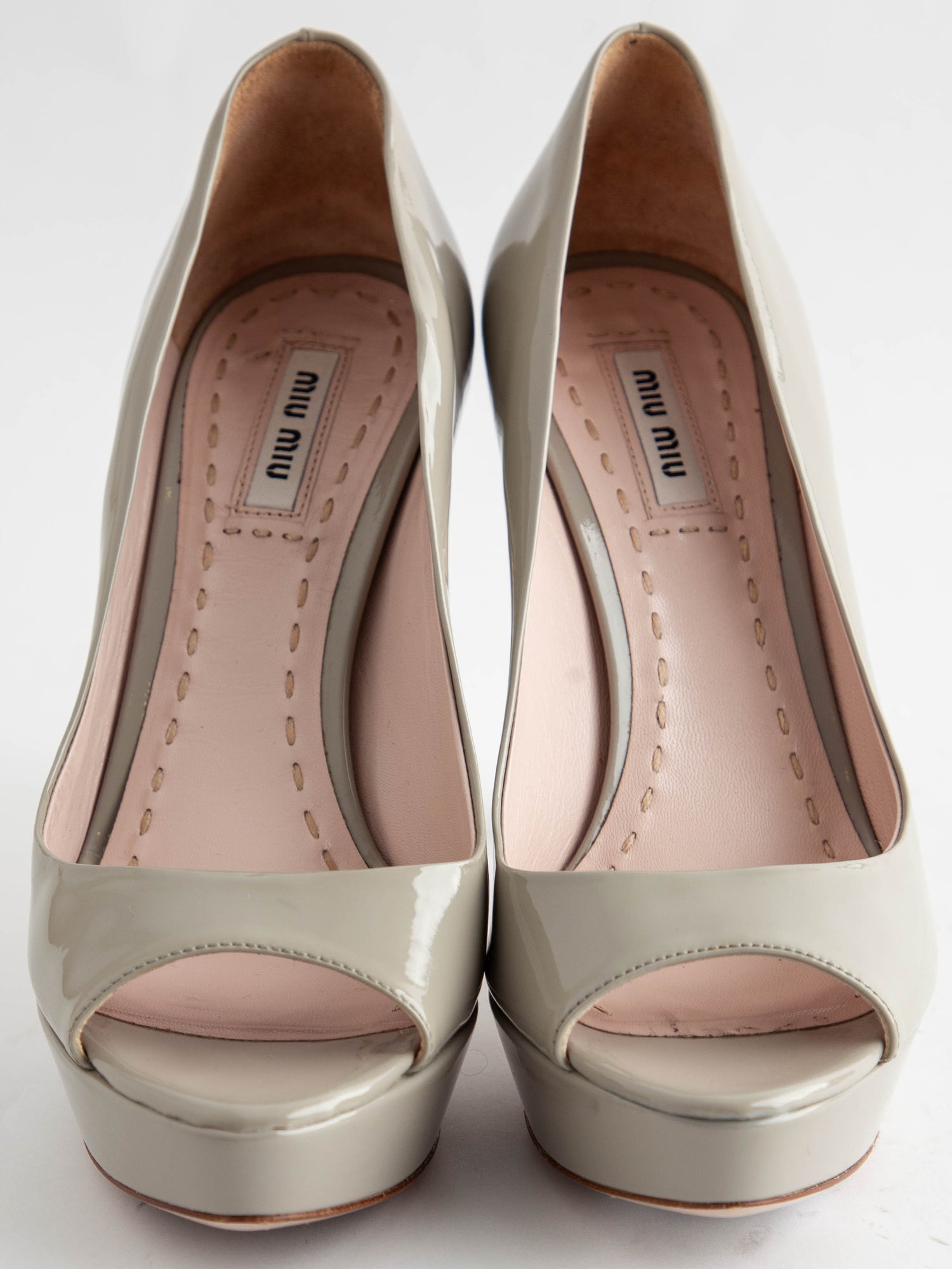 Excellent Miu Miu Gray Lacquer Platform Peep-Toe Heels Size 37