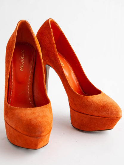 NEW Sergio Rossi Orange Genuine Suede High-Heeled Platform Shoes Size 37