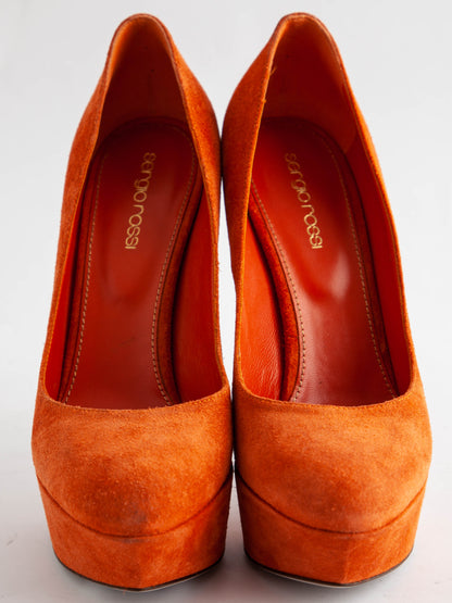 NEW Sergio Rossi Orange Genuine Suede High-Heeled Platform Shoes Size 37