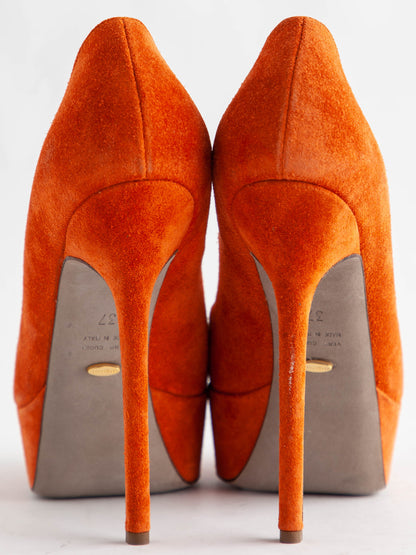 NEW Sergio Rossi Orange Genuine Suede High-Heeled Platform Shoes Size 37
