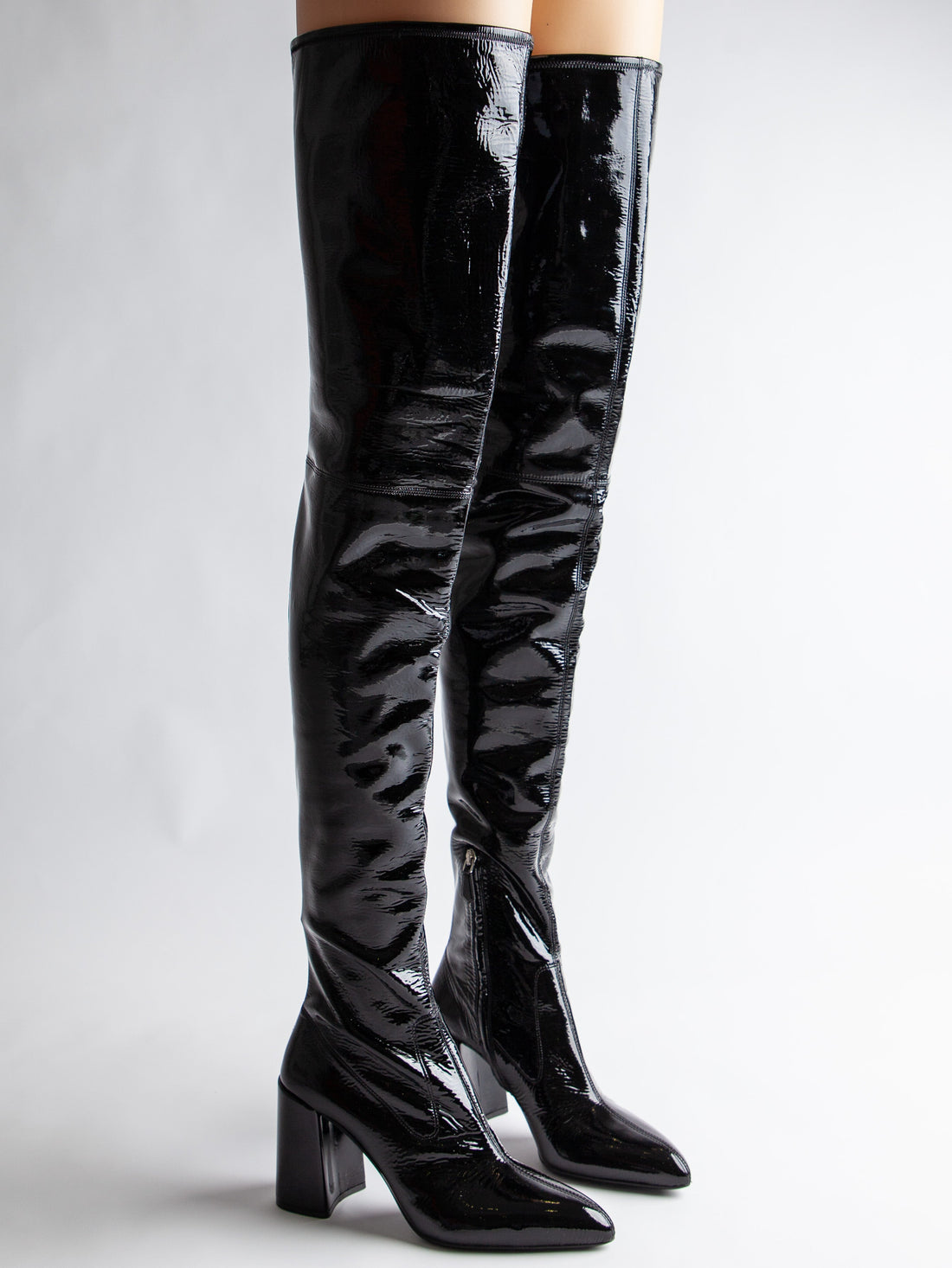 EXCELLENT Prada Black Lacquer Over-the-Knee Boots Block Heel