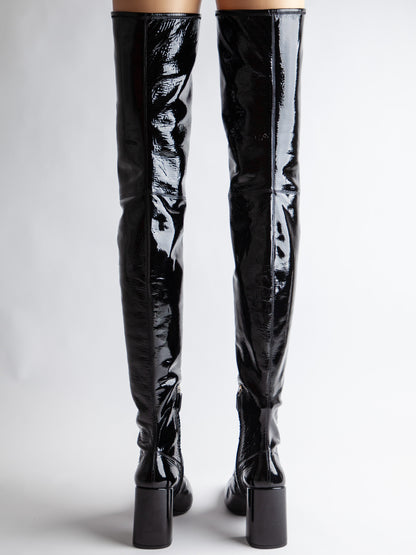 EXCELLENT Prada Black Lacquer Over-the-Knee Boots Block Heel