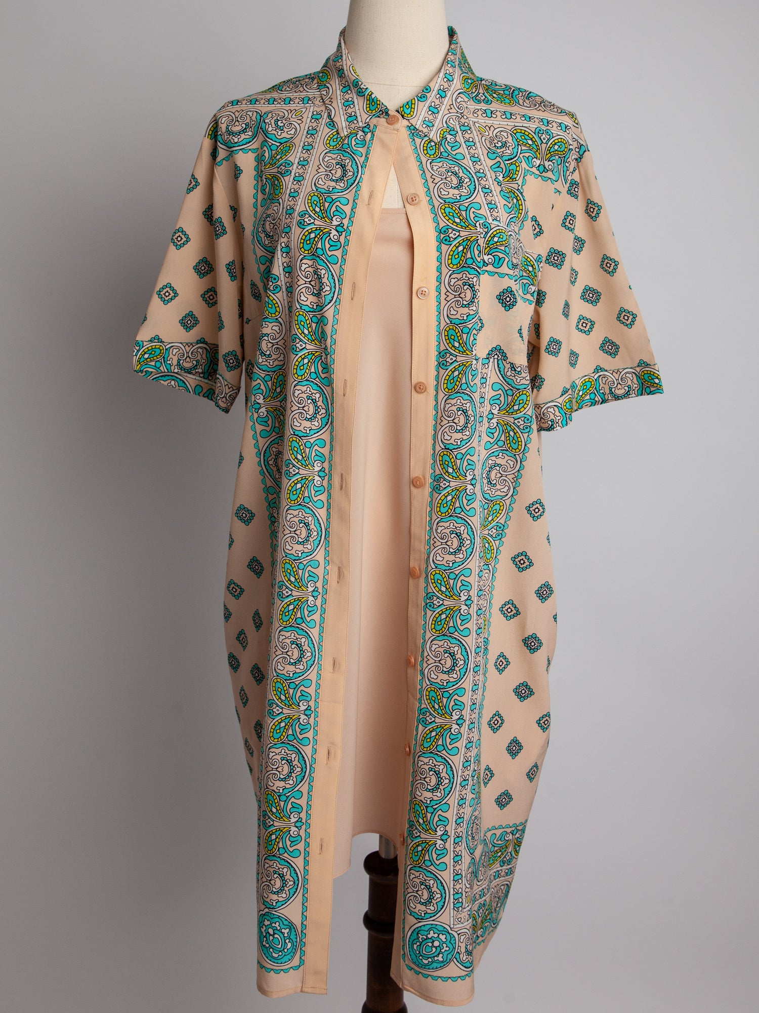 DKNY White Silk Long Shirt Dress Size M Paisley Pattern